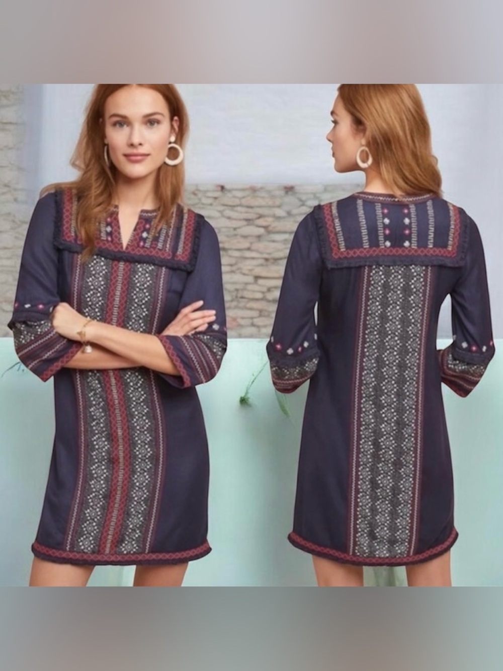 Anthropologie Akemi + Kin GUC Embroidered Boho Tunic Shift Dress Sz 14 PTP 21.5”